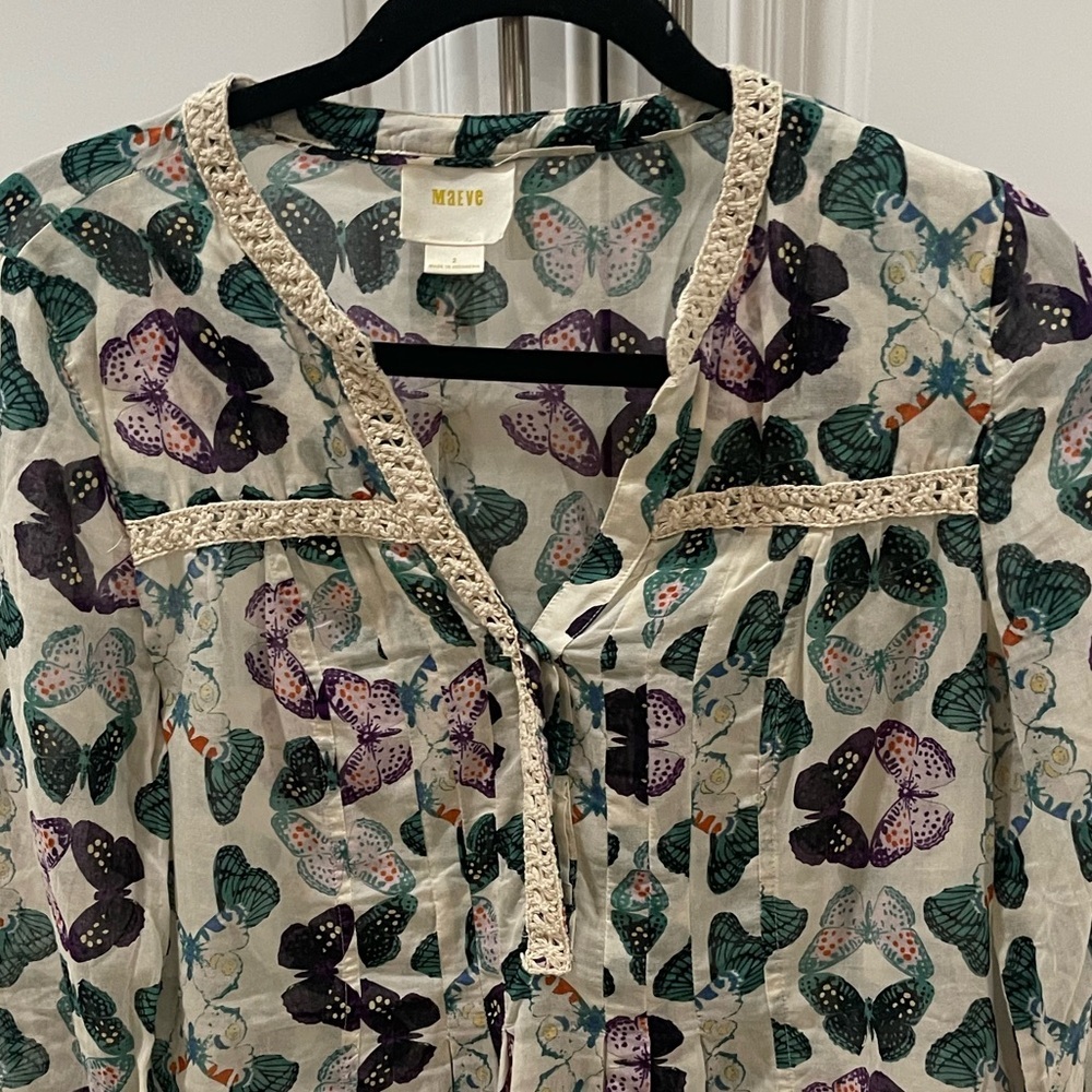 Anthropologie Maeve Abella Pintuck Butterfly Cotton Shirt Blouse Sz 2  XS - Picture 2 of 16